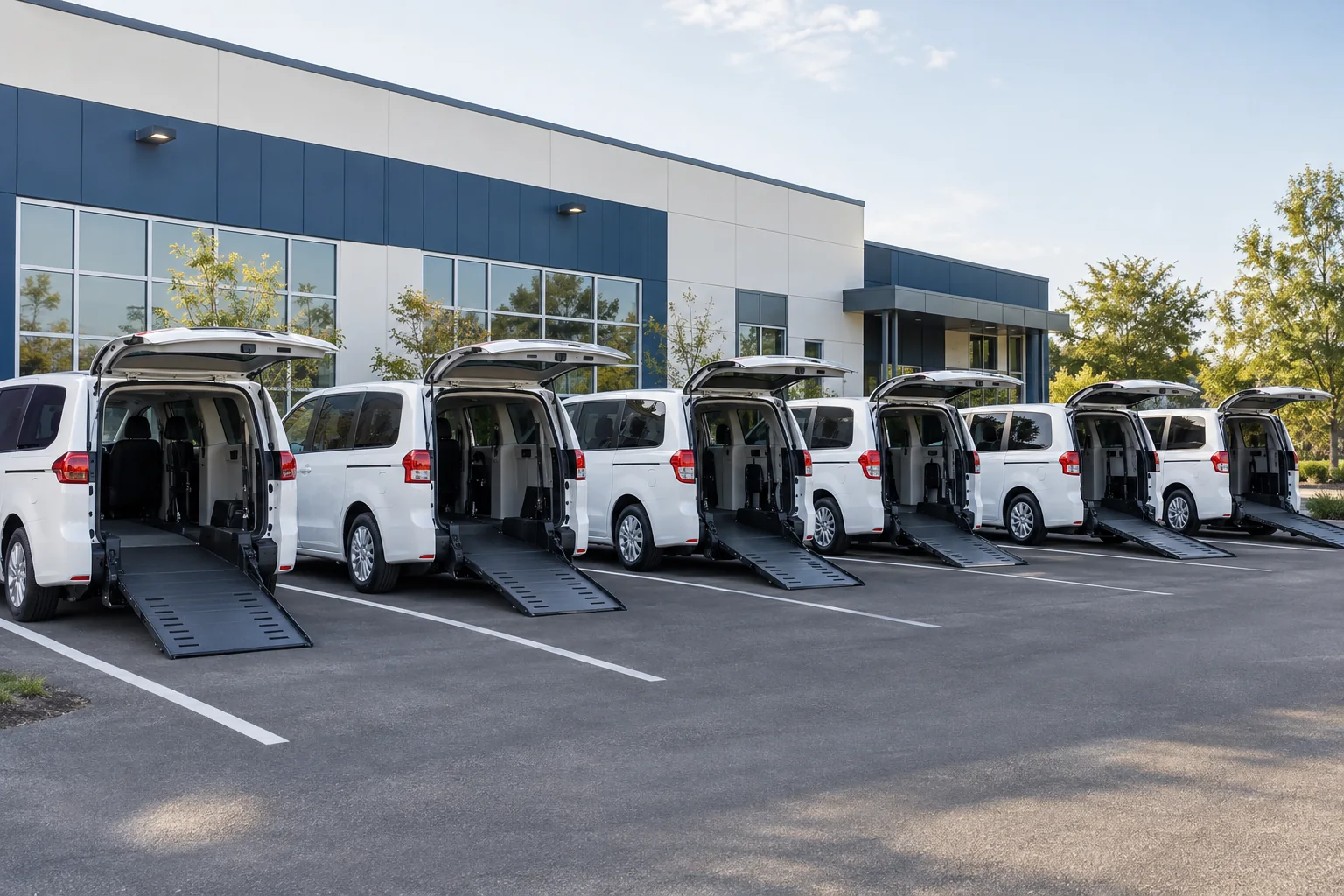 Six white wheelchair vans parked in individually marked depot spaces near dispatch building.