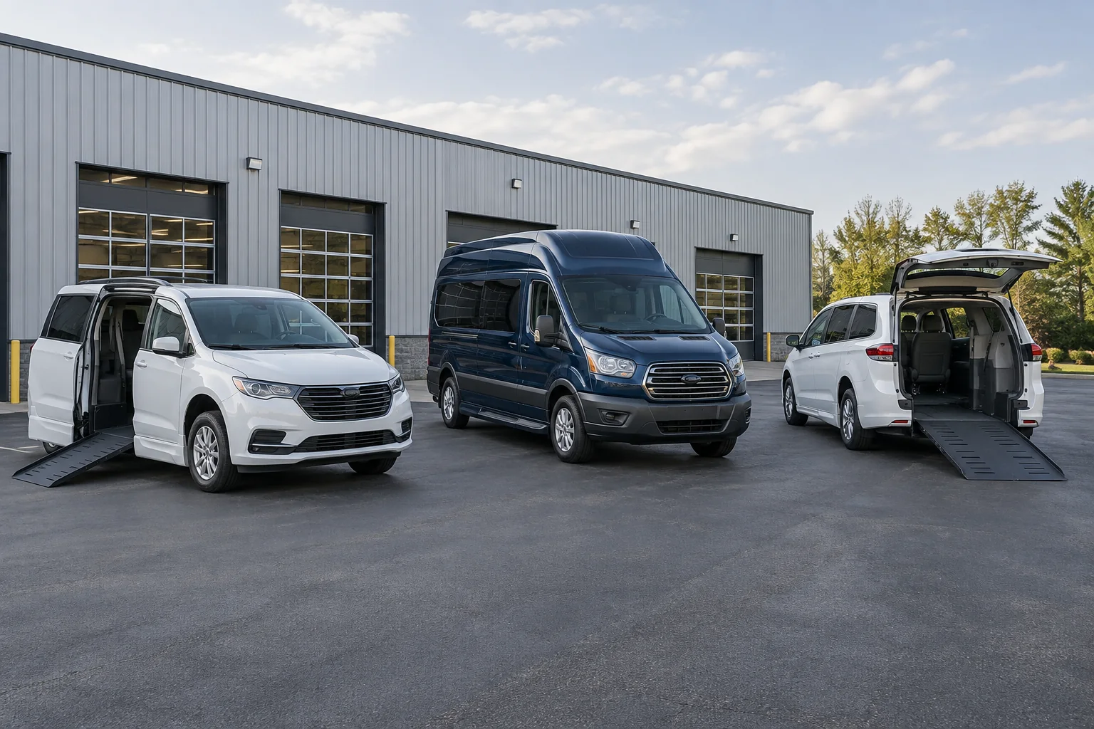 Two immaculate white wheelchair vans and one navy high-roof van with clear spacing outside maintenance facility.
