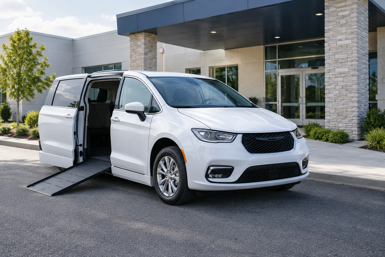 One immaculate white wheelchair minivan in front three-quarter view beside quiet low-rise clinic.