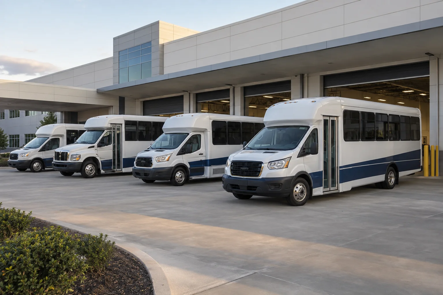 Four accessible shuttles outside expansive generic medical campus transport garage.