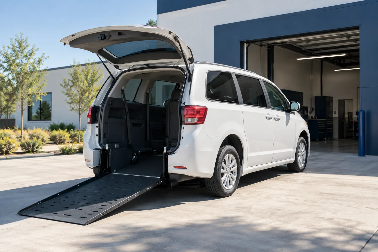 Single white wheelchair minivan outside small startup transport garage under clear morning sky.