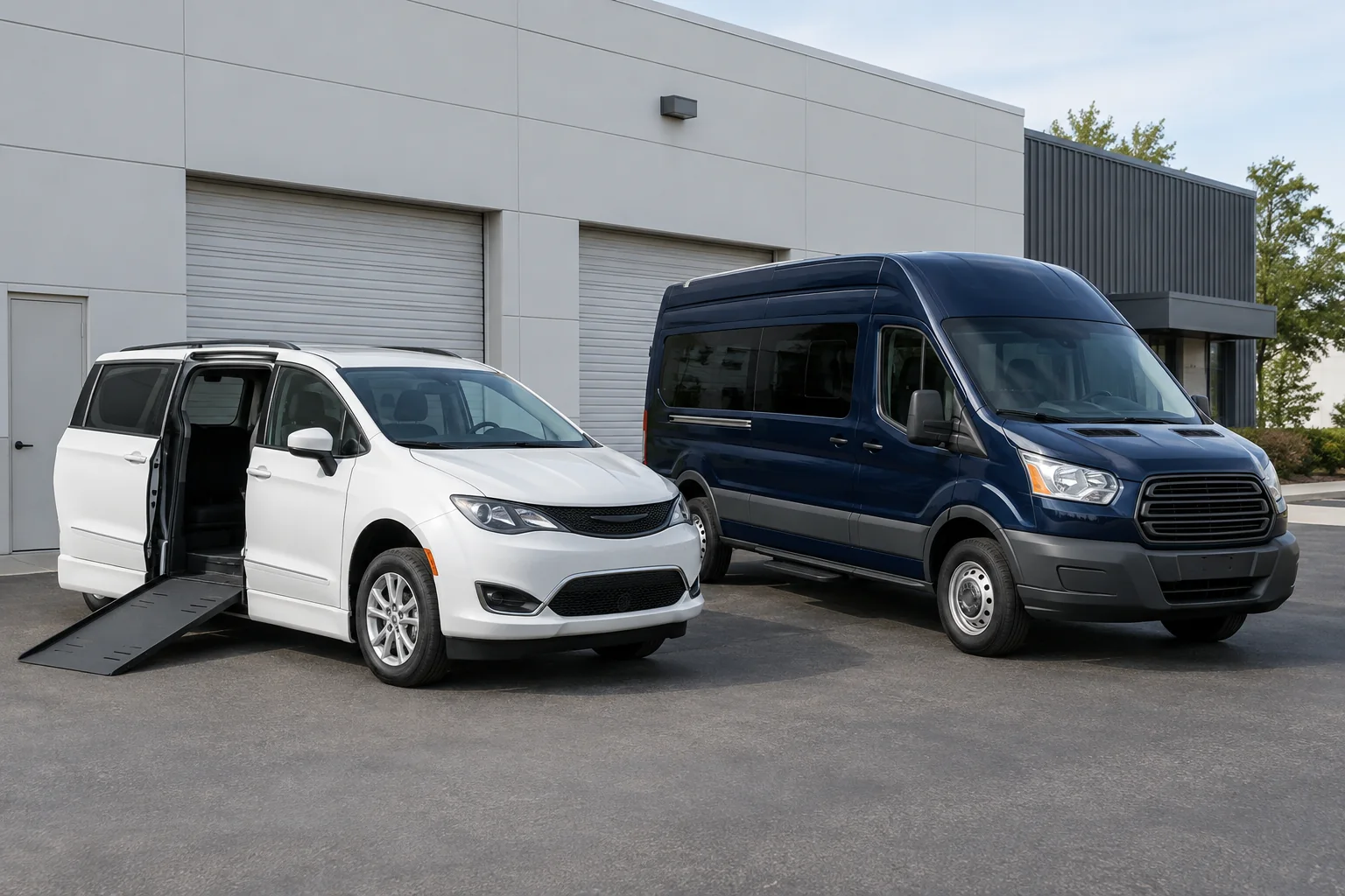 Two-vehicle small business fleet, white wheelchair minivan and navy high-roof transport van beside low warehouse.