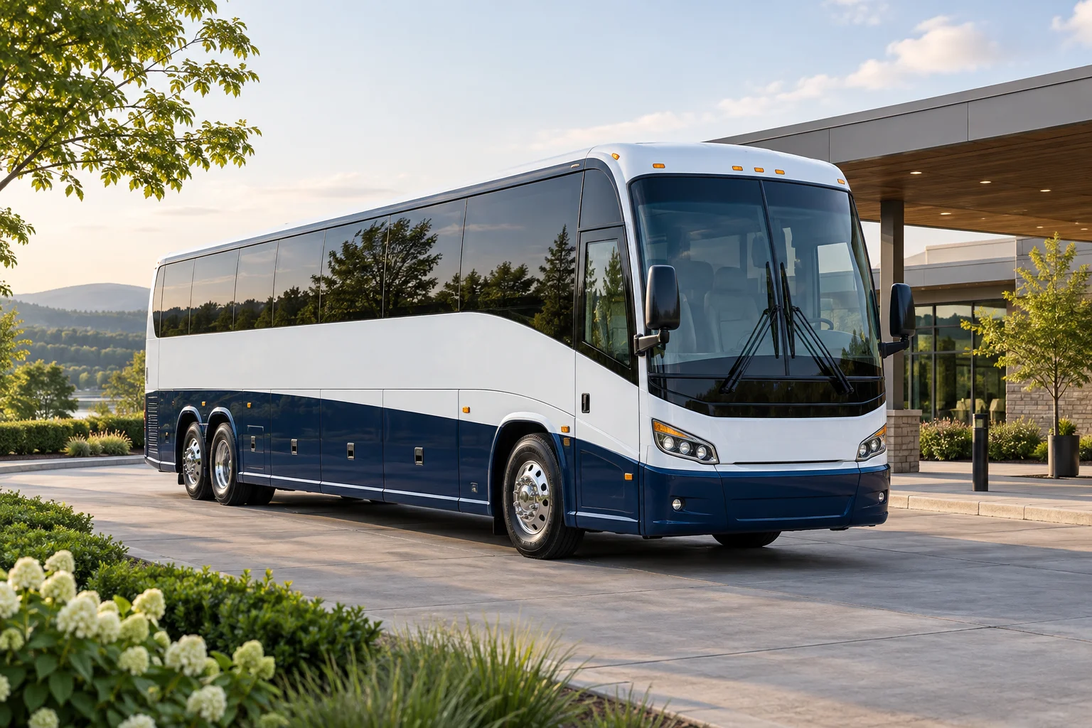 White and navy touring motorcoach at a landscaped charter pickup area