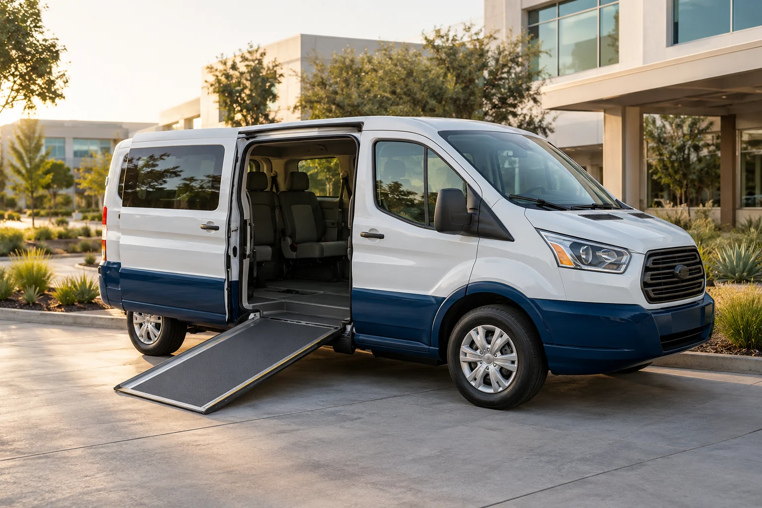 Wheelchair-accessible medical transport van outside a California medical center