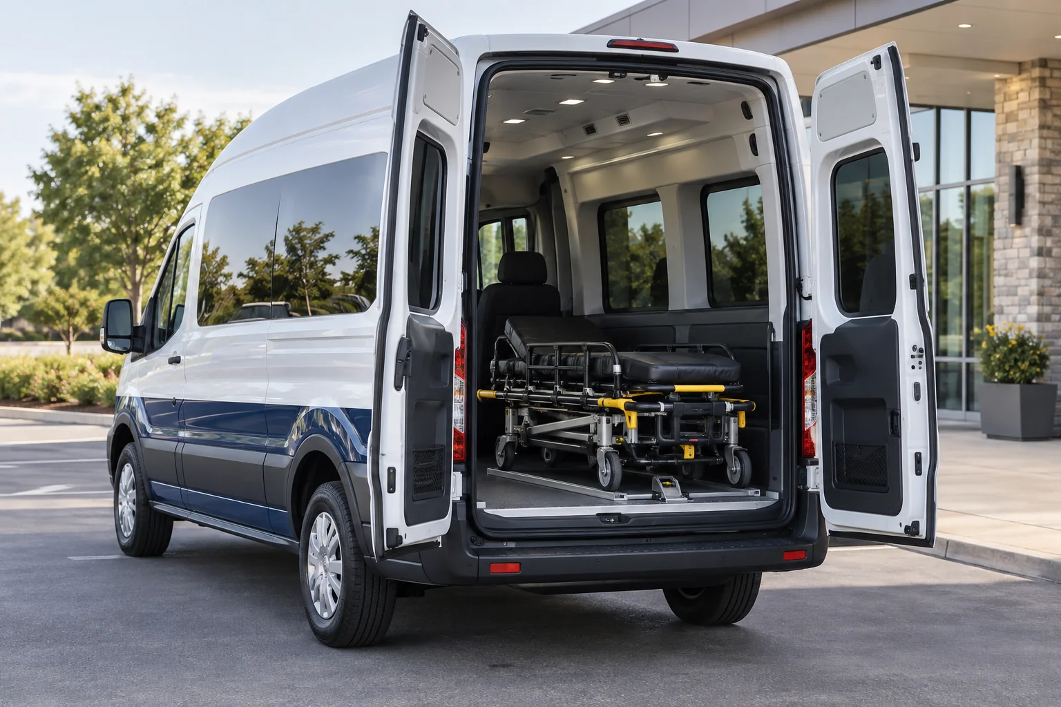 Open rear of a non-emergency transport van with an empty secured gurney