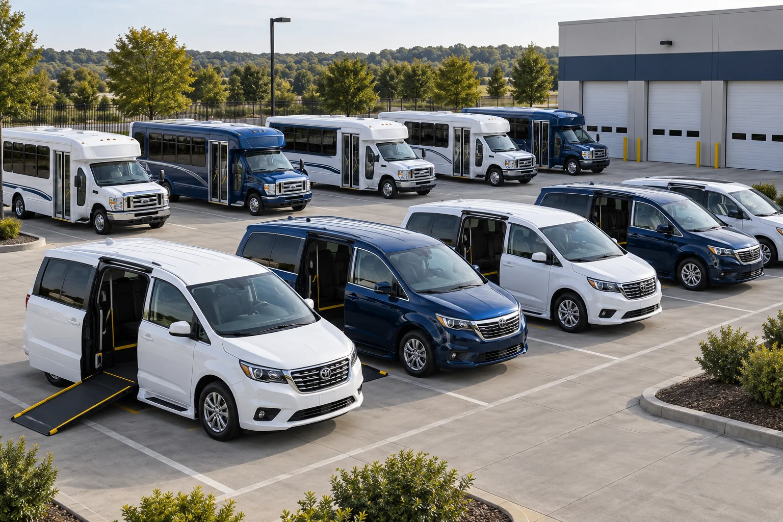 Large mixed fleet of accessible NEMT vans and paratransit shuttle buses at a depot