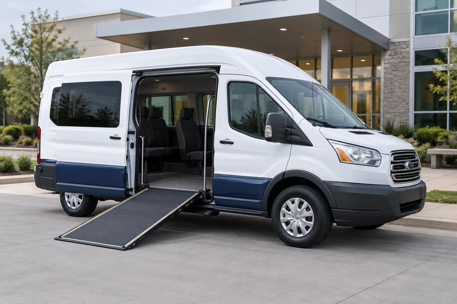 Single wheelchair-accessible NEMT van with a side ramp at an outpatient center