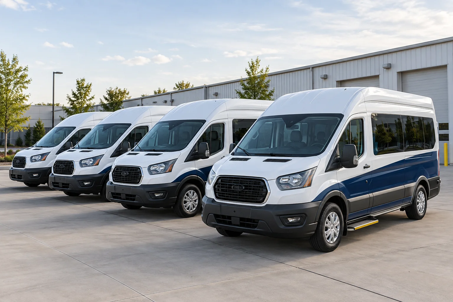 Small fleet of four accessible paratransit vans parked at a transportation depot