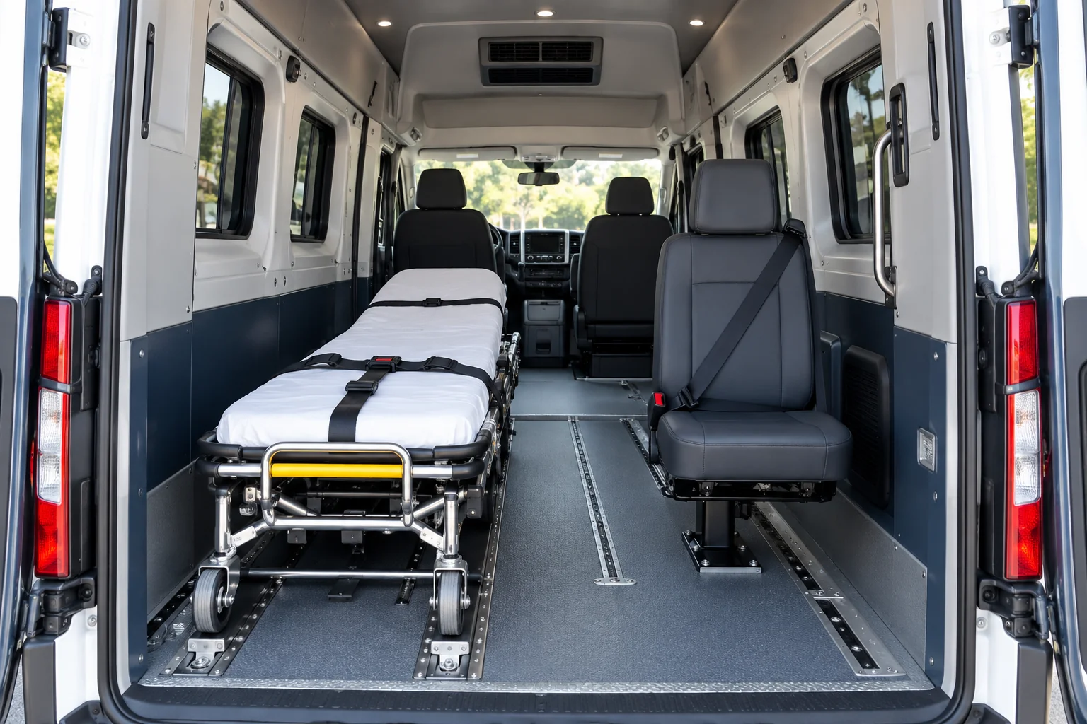 Non-emergency stretcher van interior with an empty secured stretcher and attendant seat