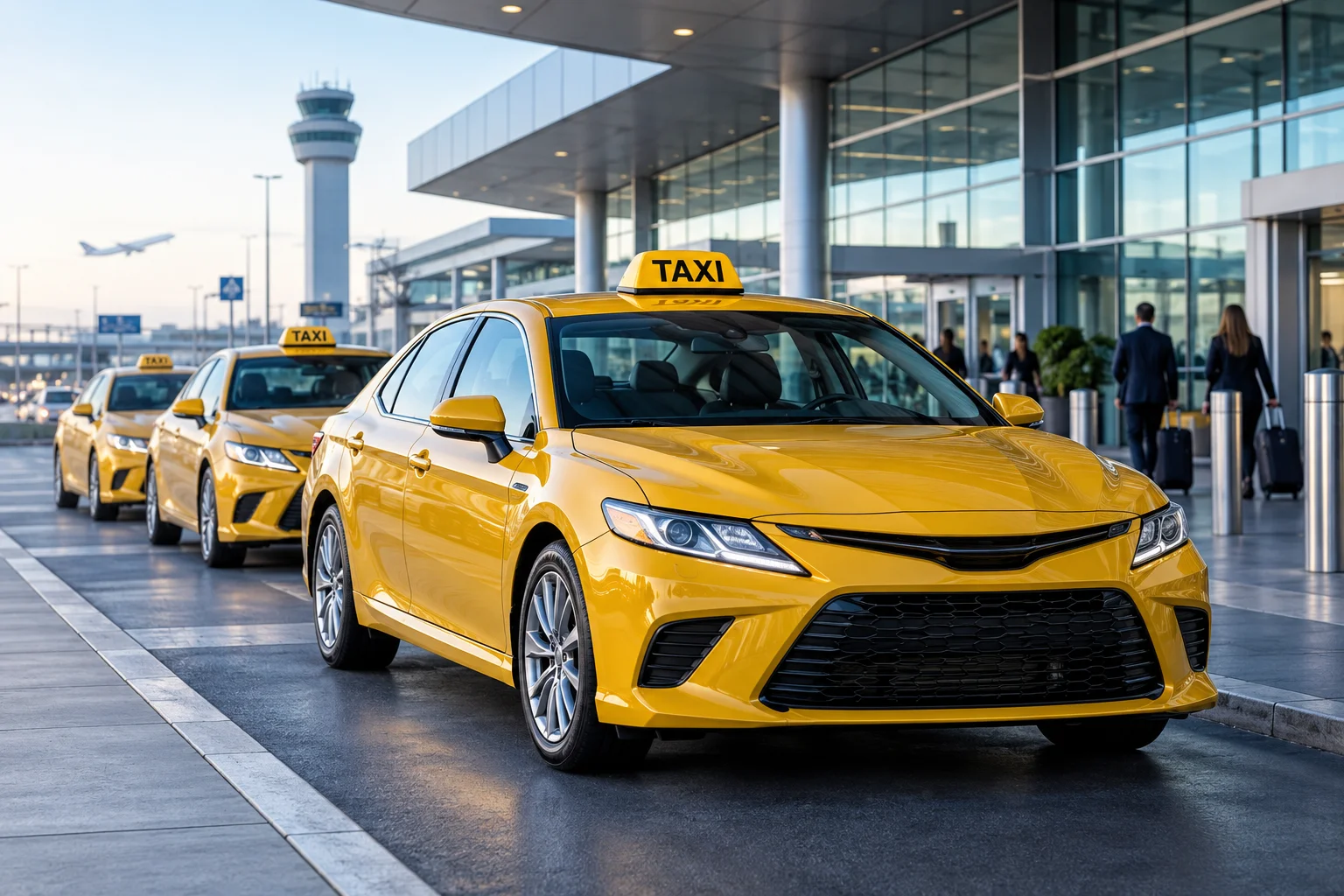 Yellow taxi fleet ready for passenger pickups outside a modern airport terminal