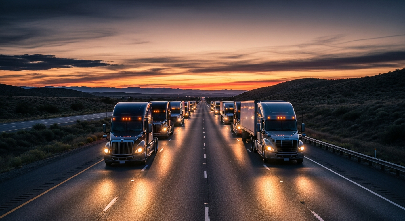 Commercial trucks hauling freight on a highway