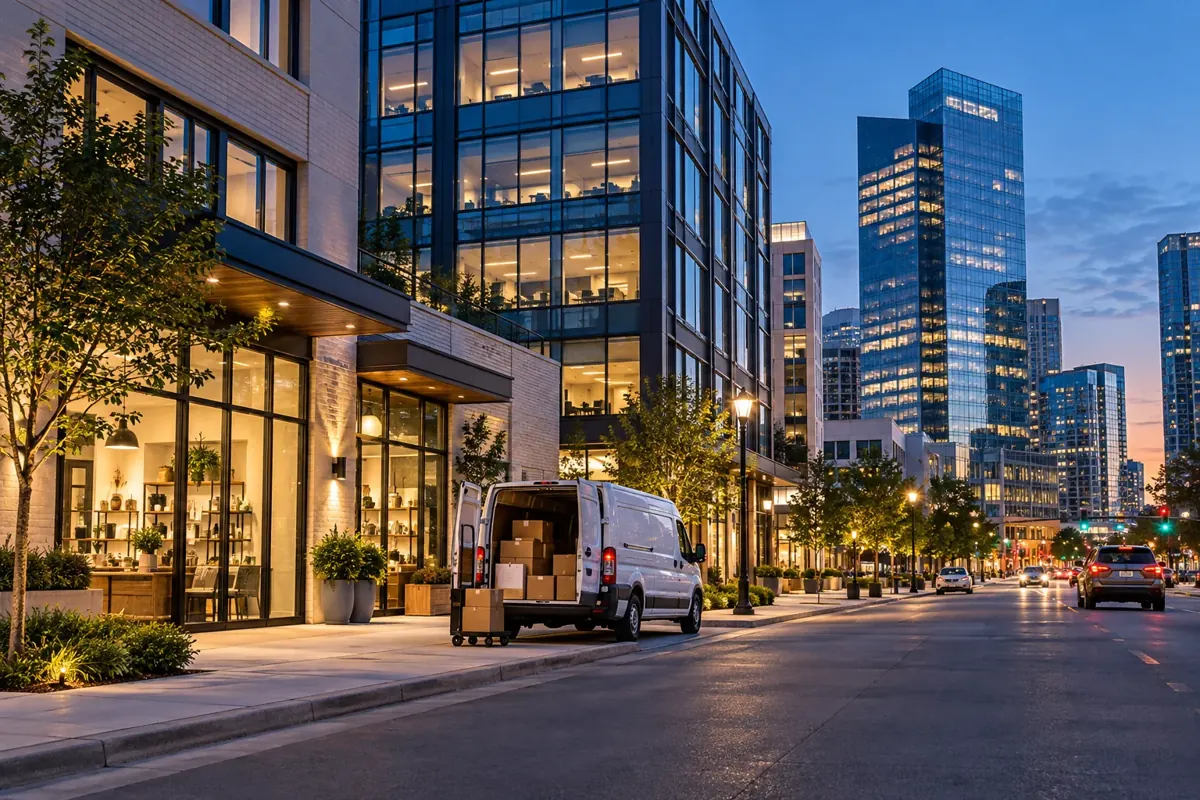 Illustrative commercial district with offices, shops and a delivery van