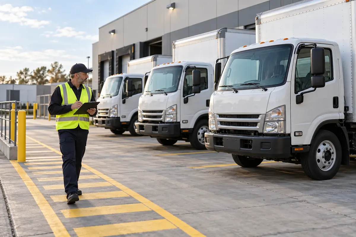 Fleet supervisor inspecting delivery trucks at a depot