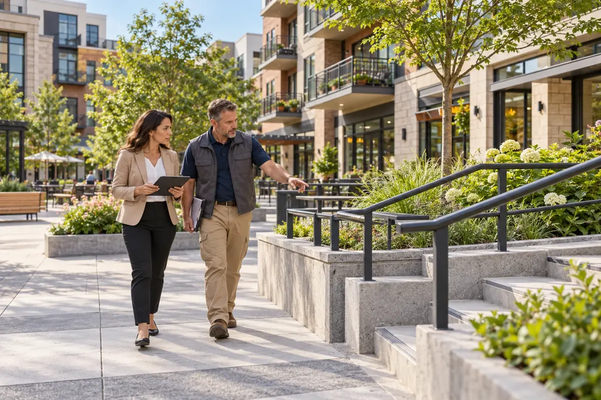 Property managers reviewing pedestrian access in a commercial courtyard